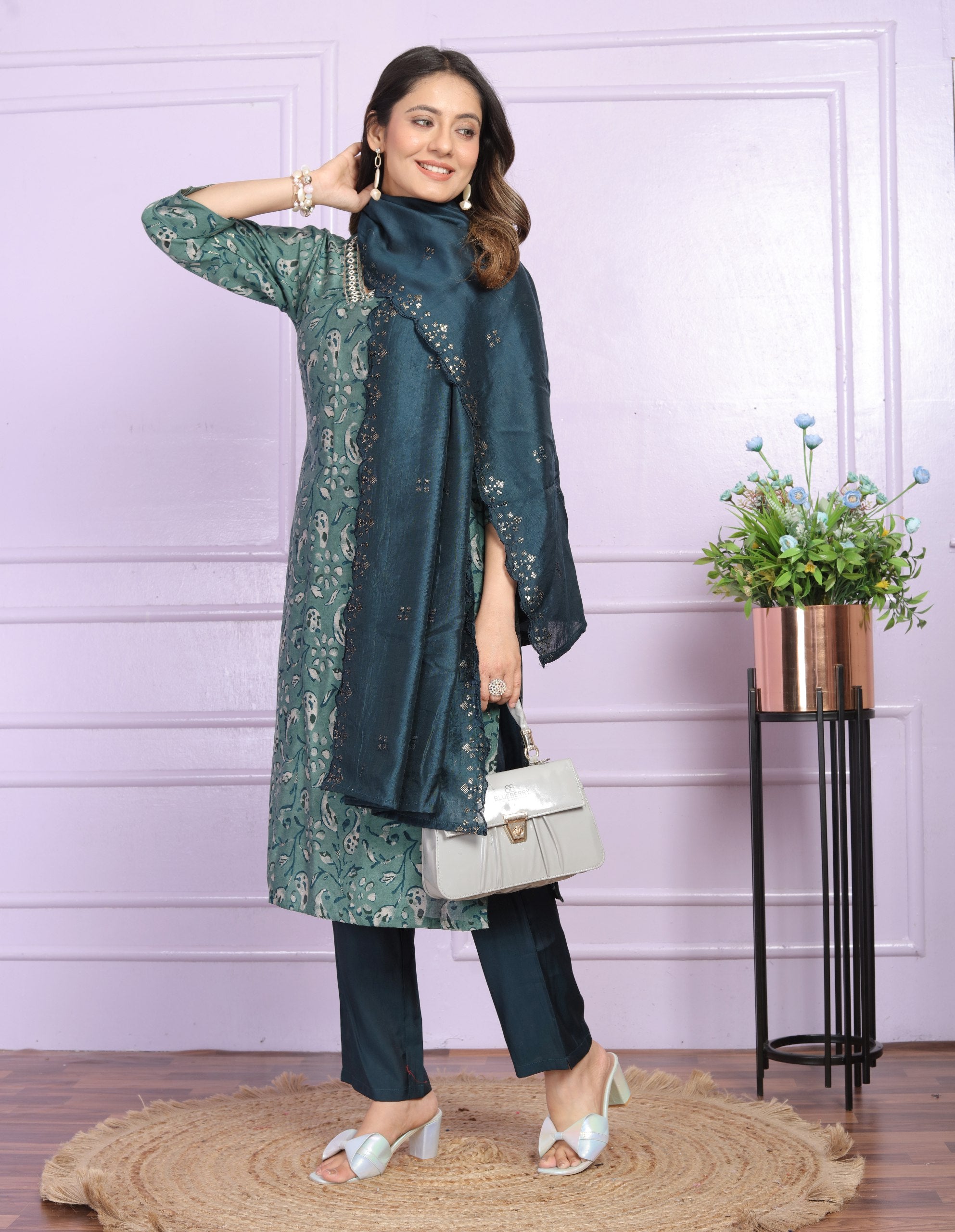 Teal Green Color V Neck Straight Kurti With Pant