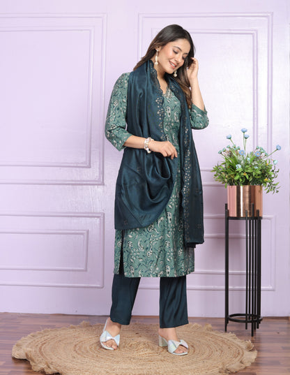 Teal Green Color V Neck Straight Kurti With Pant