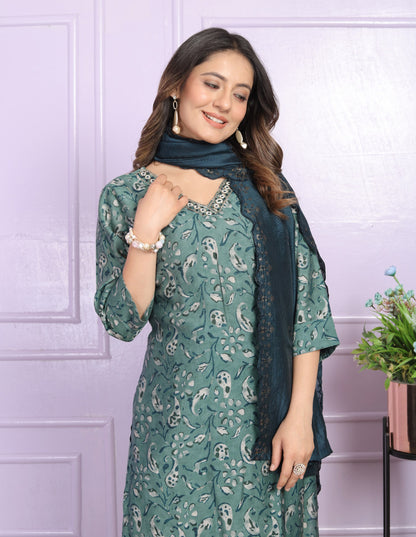 Teal Green Color V Neck Straight Kurti With Pant