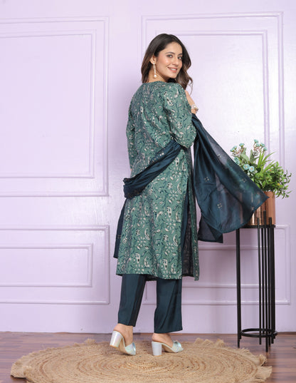 Teal Green Color V Neck Straight Kurti With Pant