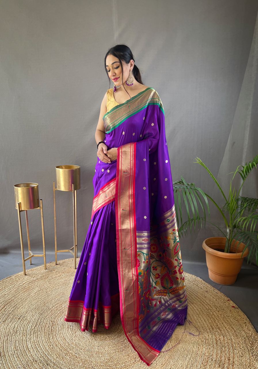 Stylish Purple Color Ganga Jamuna Border Saree