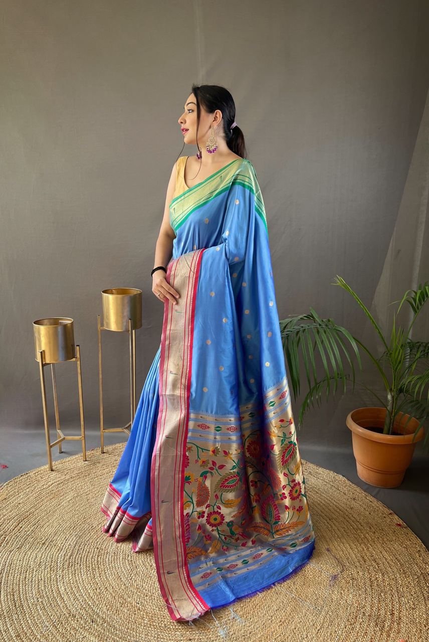 Stylish Sky Blue Color Ganga Jamuna Border Saree