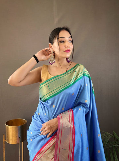 Stylish Sky Blue Color Ganga Jamuna Border Saree