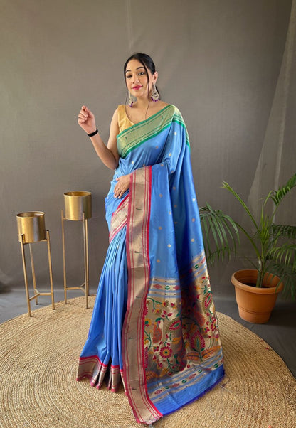 Stylish Sky Blue Color Ganga Jamuna Border Saree