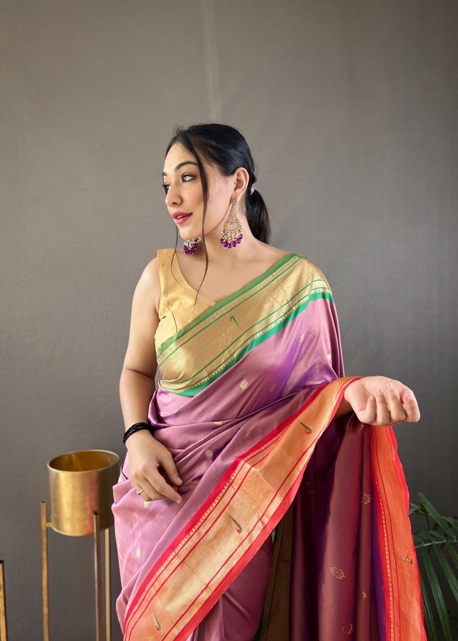 Stylish Dusty Pink Color Ganga Jamuna Border Saree