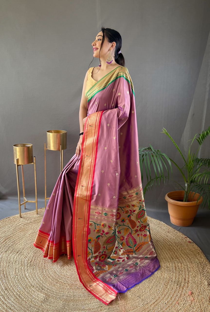 Stylish Dusty Pink Color Ganga Jamuna Border Saree