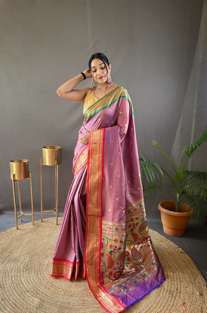 Stylish Dusty Pink Color Ganga Jamuna Border Saree