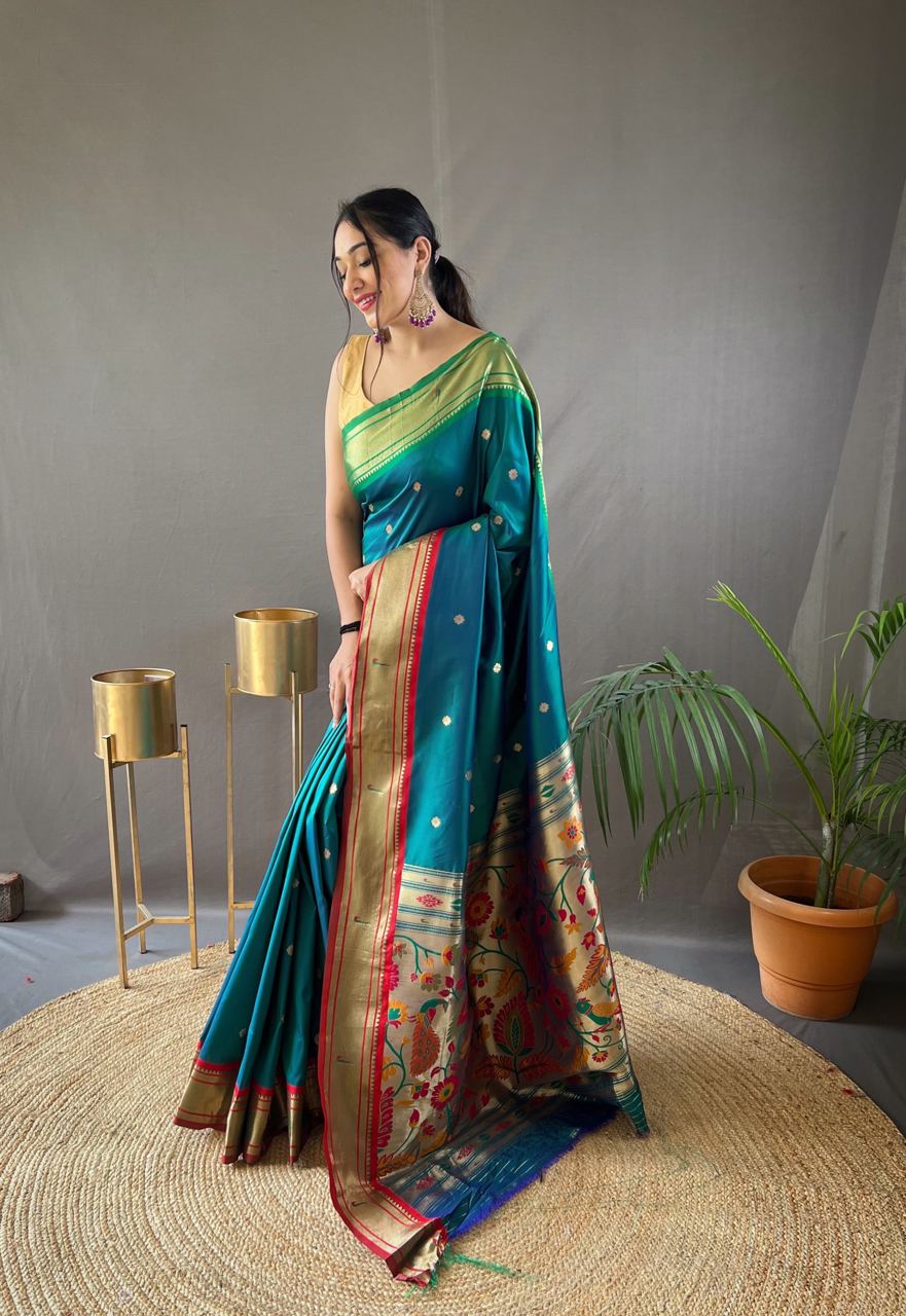 Stylish Teal Blue Color Ganga Jamuna Border Saree