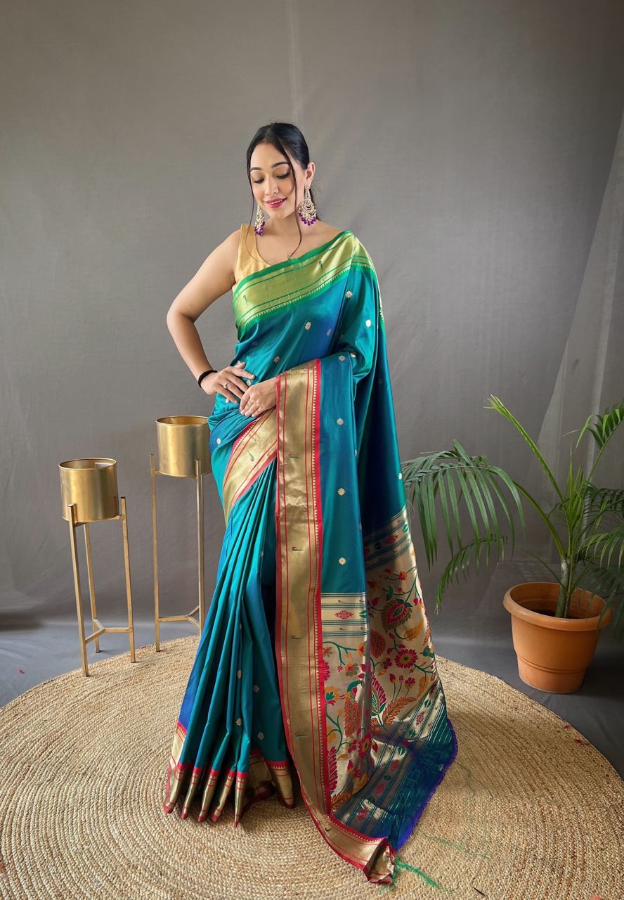 Stylish Teal Blue Color Ganga Jamuna Border Saree