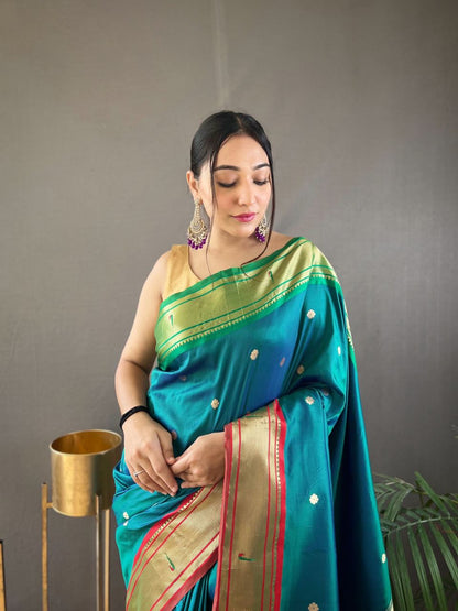 Stylish Teal Blue Color Ganga Jamuna Border Saree