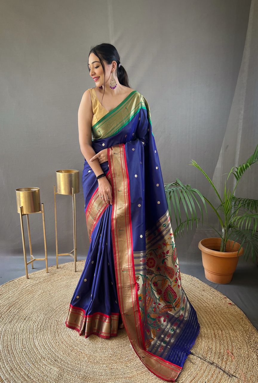 Stylish Navy Blue Color Ganga Jamuna Border Saree