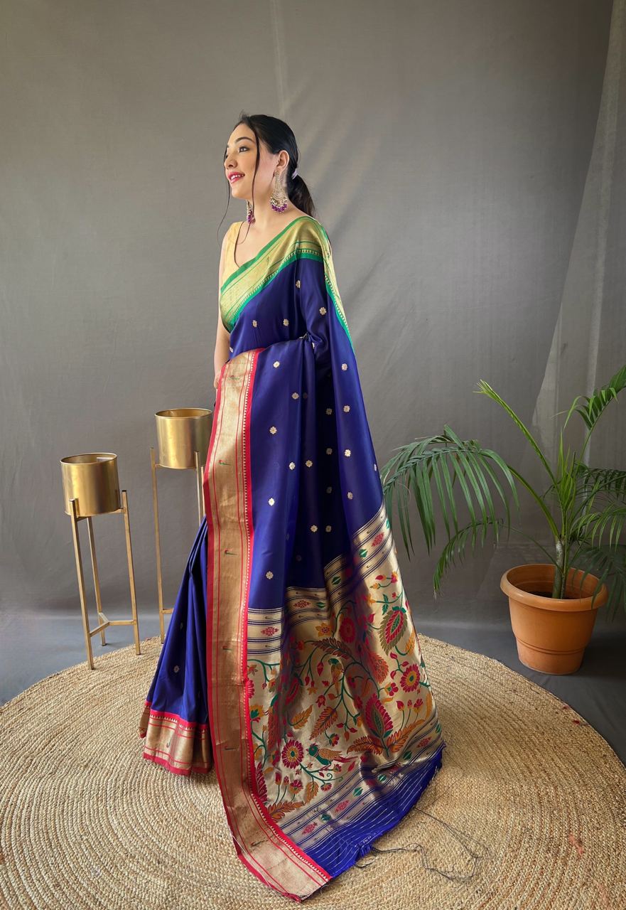 Stylish Navy Blue Color Ganga Jamuna Border Saree