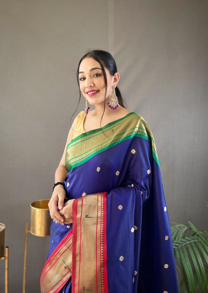 Stylish Navy Blue Color Ganga Jamuna Border Saree