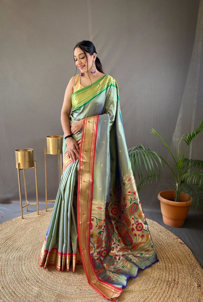 Stylish Pista Color Ganga Jamuna Border Saree