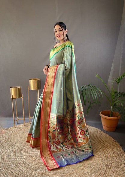 Stylish Pista Color Ganga Jamuna Border Saree