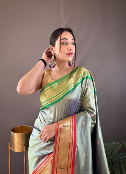 Stylish Pista Color Ganga Jamuna Border Saree