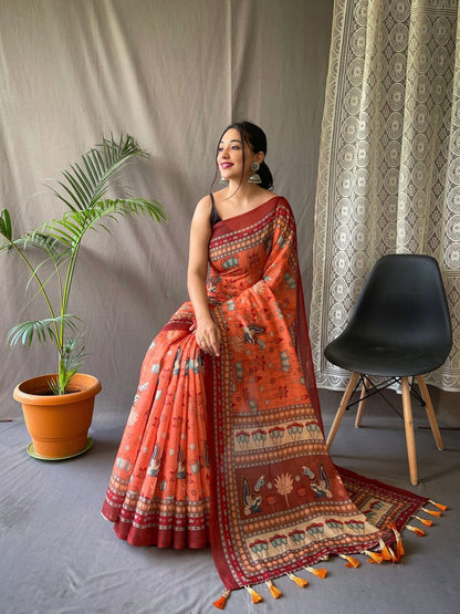 Terrific Orange Color Kalamkari Print Cotton Saree