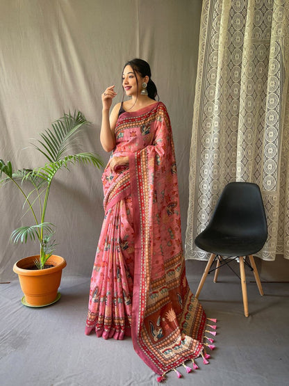 Terrific Peach Color Kalamkari Print Cotton Saree