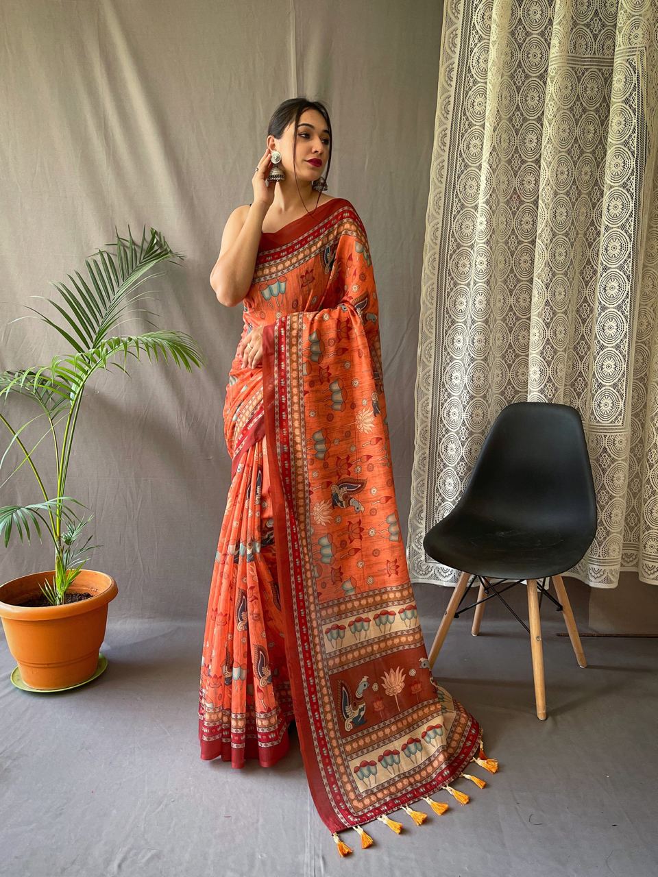 Terrific Orange Color Kalamkari Print Cotton Saree