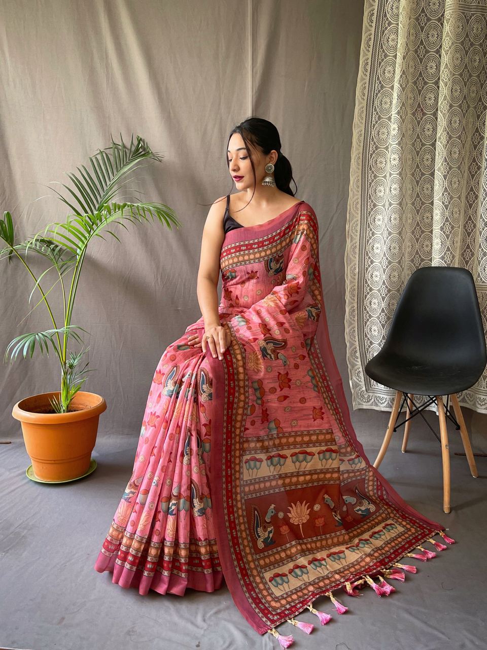 Terrific Peach Color Kalamkari Print Cotton Saree