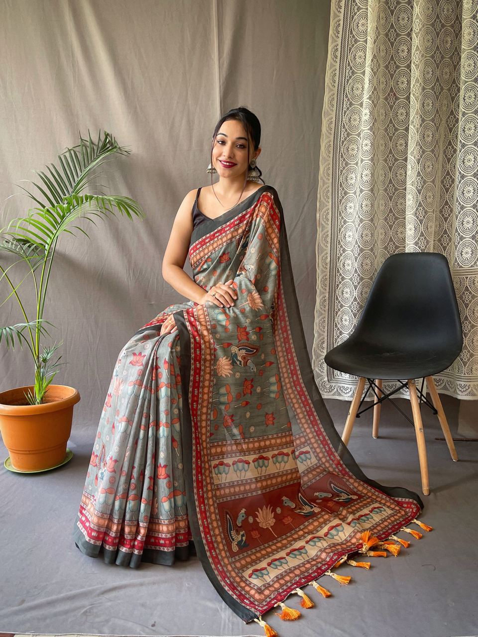 Terrific Green Color Kalamkari Print Cotton Saree