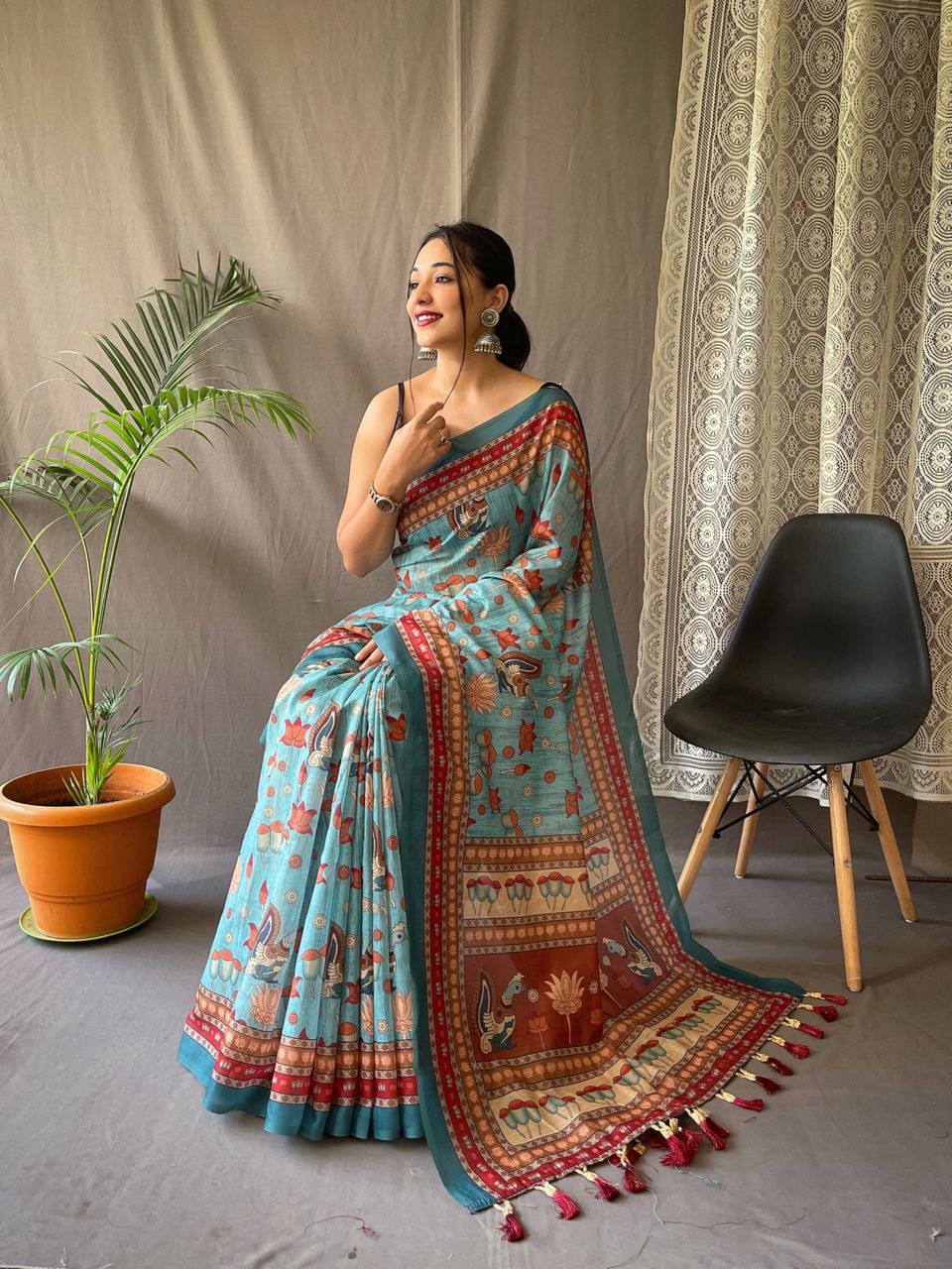 Terrific Sky Blue Color Kalamkari Print Cotton Saree