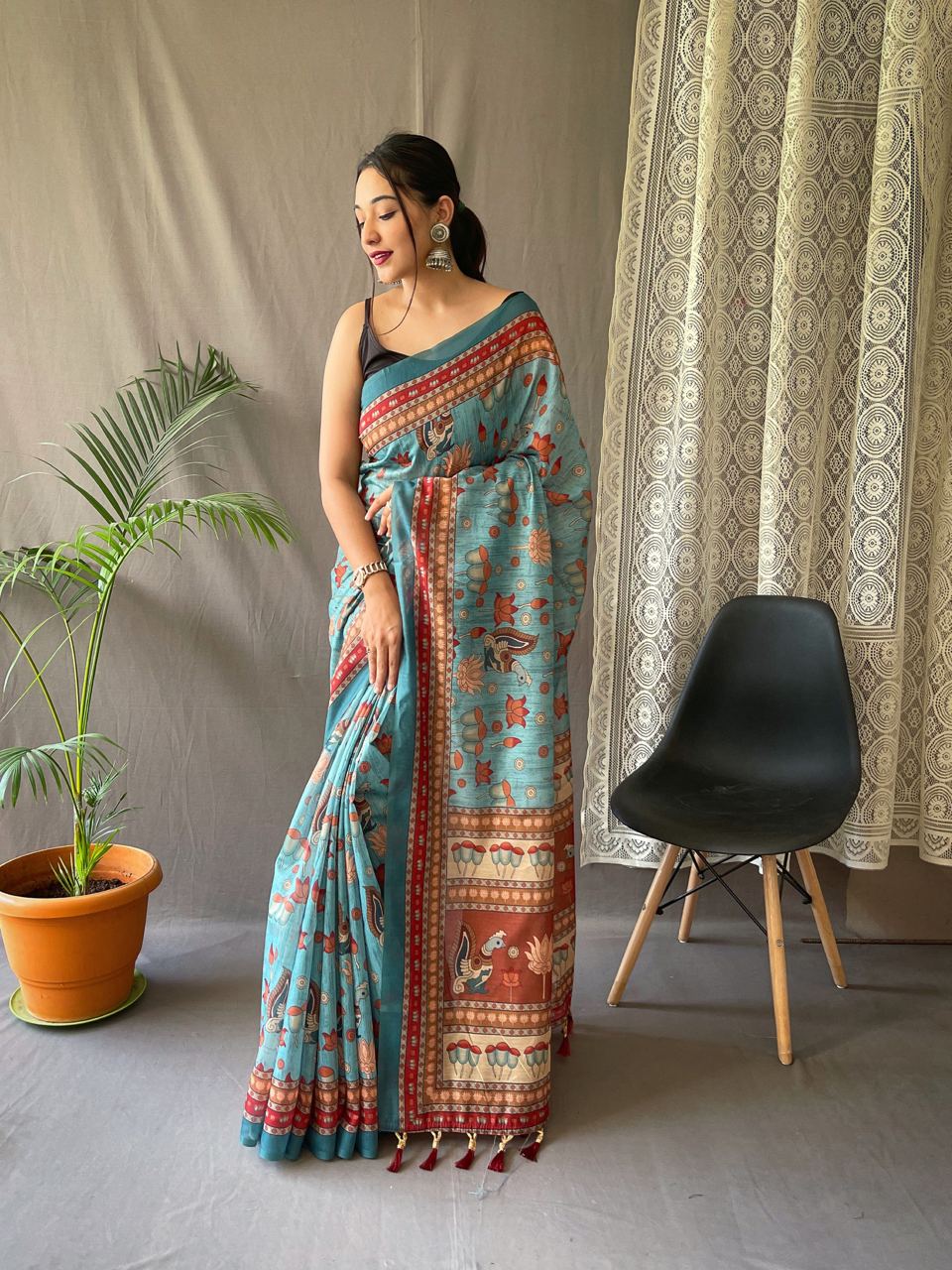 Terrific Sky Blue Color Kalamkari Print Cotton Saree