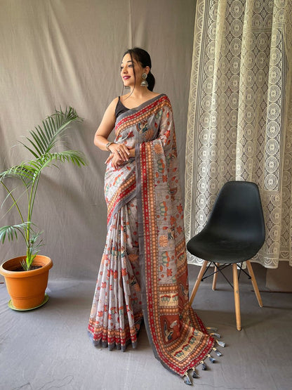 Terrific Grey Color Kalamkari Print Cotton Saree