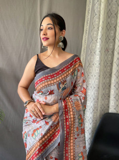 Terrific Grey Color Kalamkari Print Cotton Saree