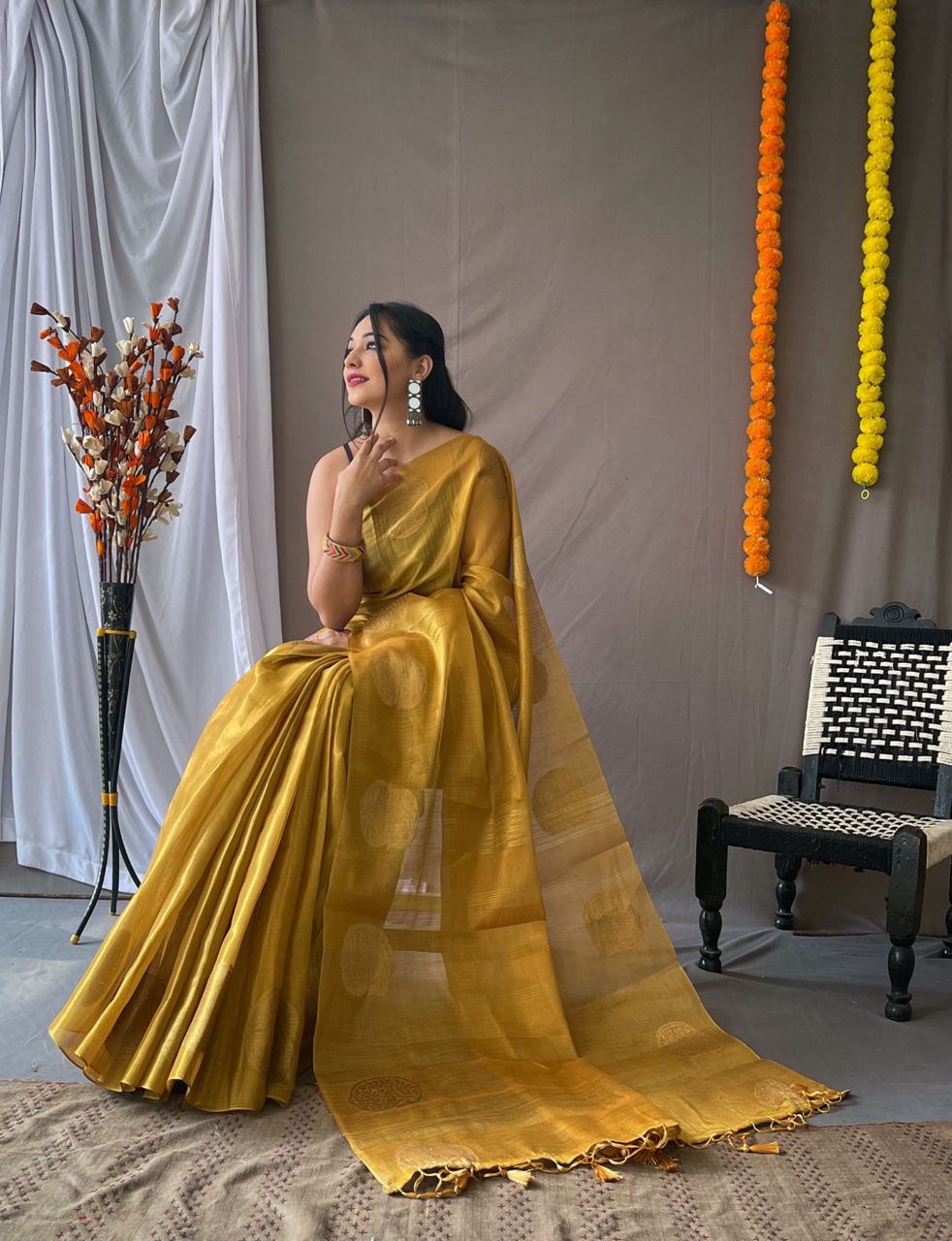 Yellow Color Zari Weaving Tissue Silk Saree