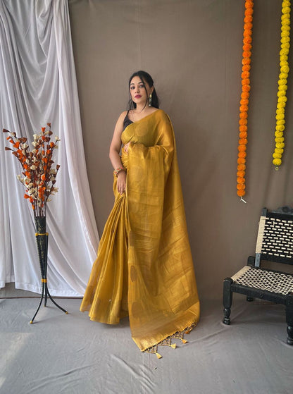 Yellow Color Zari Weaving Tissue Silk Saree