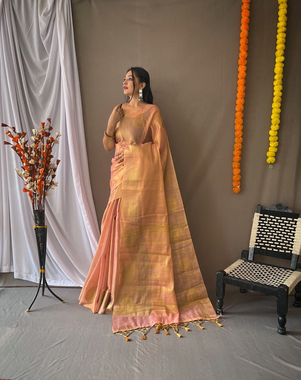 Peach Color Zari Weaving Tissue Silk Saree