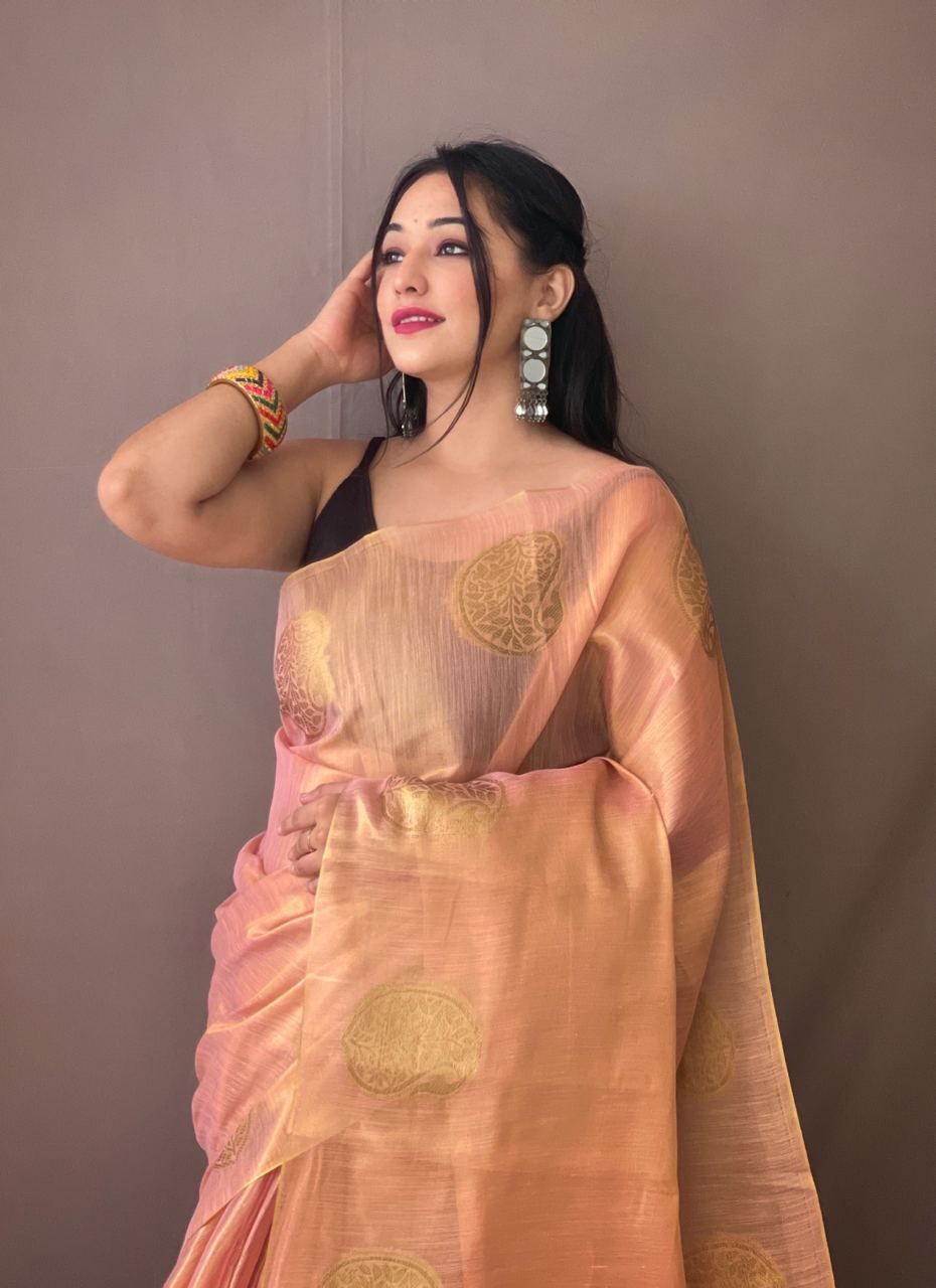 Peach Color Zari Weaving Tissue Silk Saree