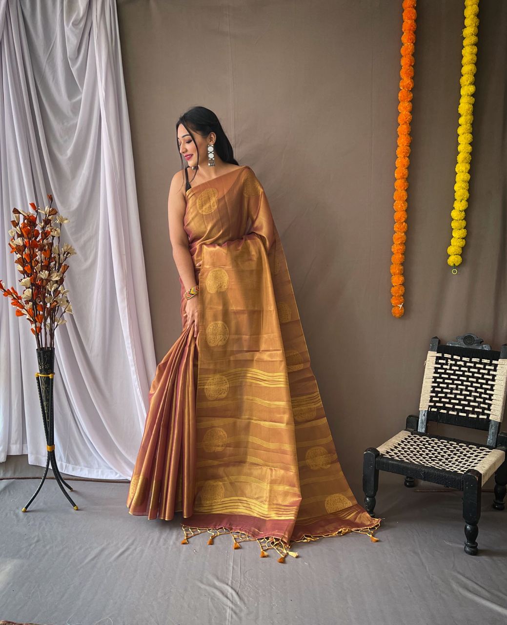 Mustard Color Zari Weaving Tissue Silk Saree