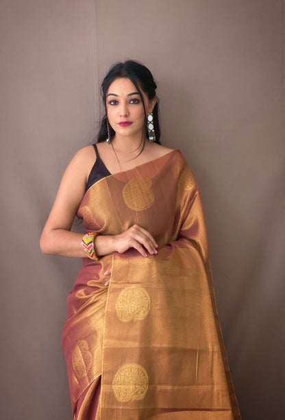 Mustard Color Zari Weaving Tissue Silk Saree