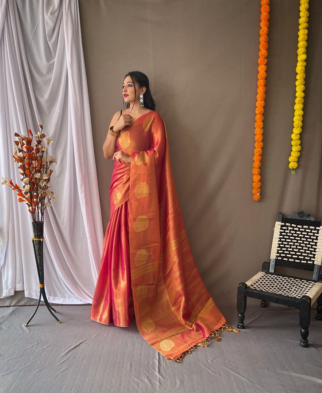 Red Color Zari Weaving Tissue Silk Saree