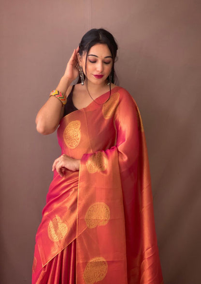 Red Color Zari Weaving Tissue Silk Saree