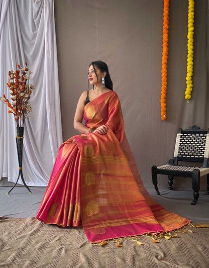 Red Color Zari Weaving Tissue Silk Saree