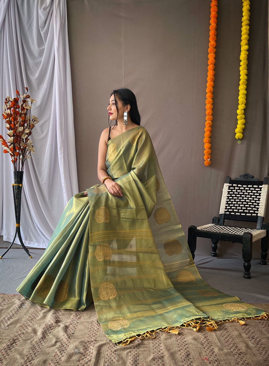 Pista Green Color Zari Weaving Tissue Silk Saree