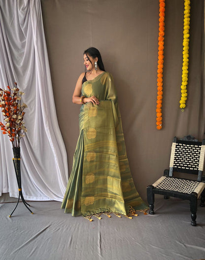 Pista Green Color Zari Weaving Tissue Silk Saree