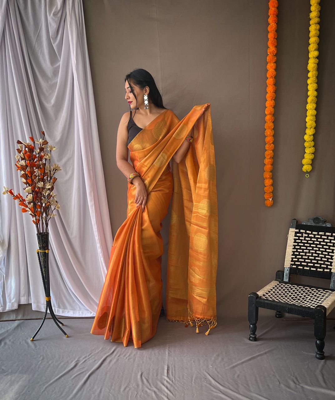 Orange Color Zari Weaving Tissue Silk Saree