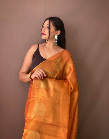 Orange Color Zari Weaving Tissue Silk Saree