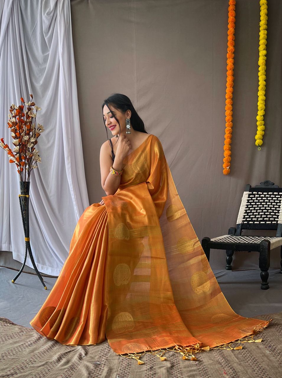 Orange Color Zari Weaving Tissue Silk Saree