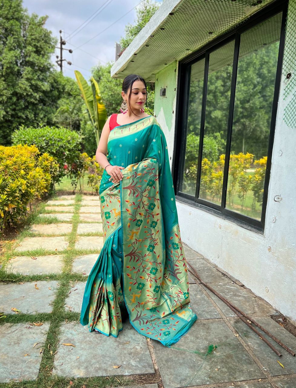 Paithani Silk Traditional Border Teal Blue Color Saree