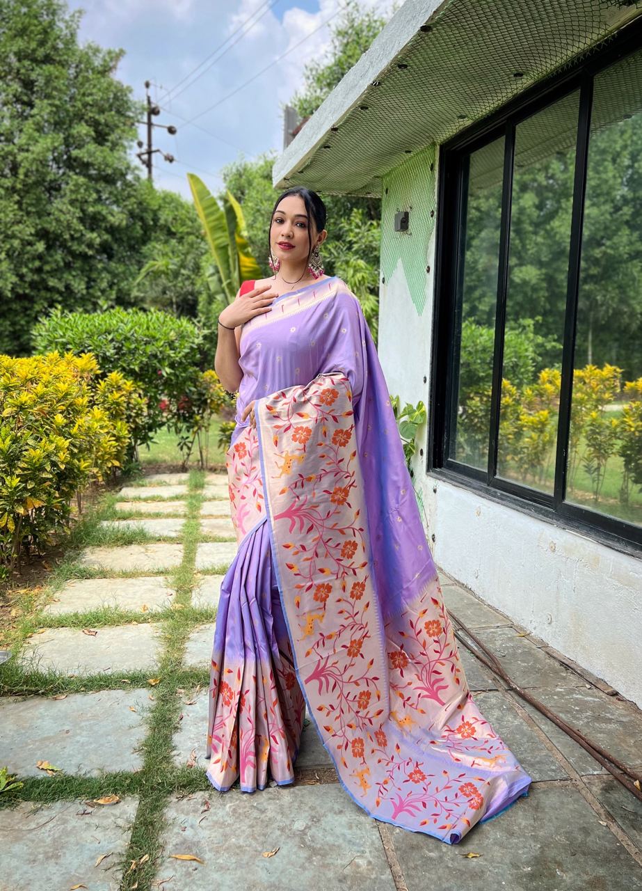 Paithani Silk Traditional Border Lavender Color Saree