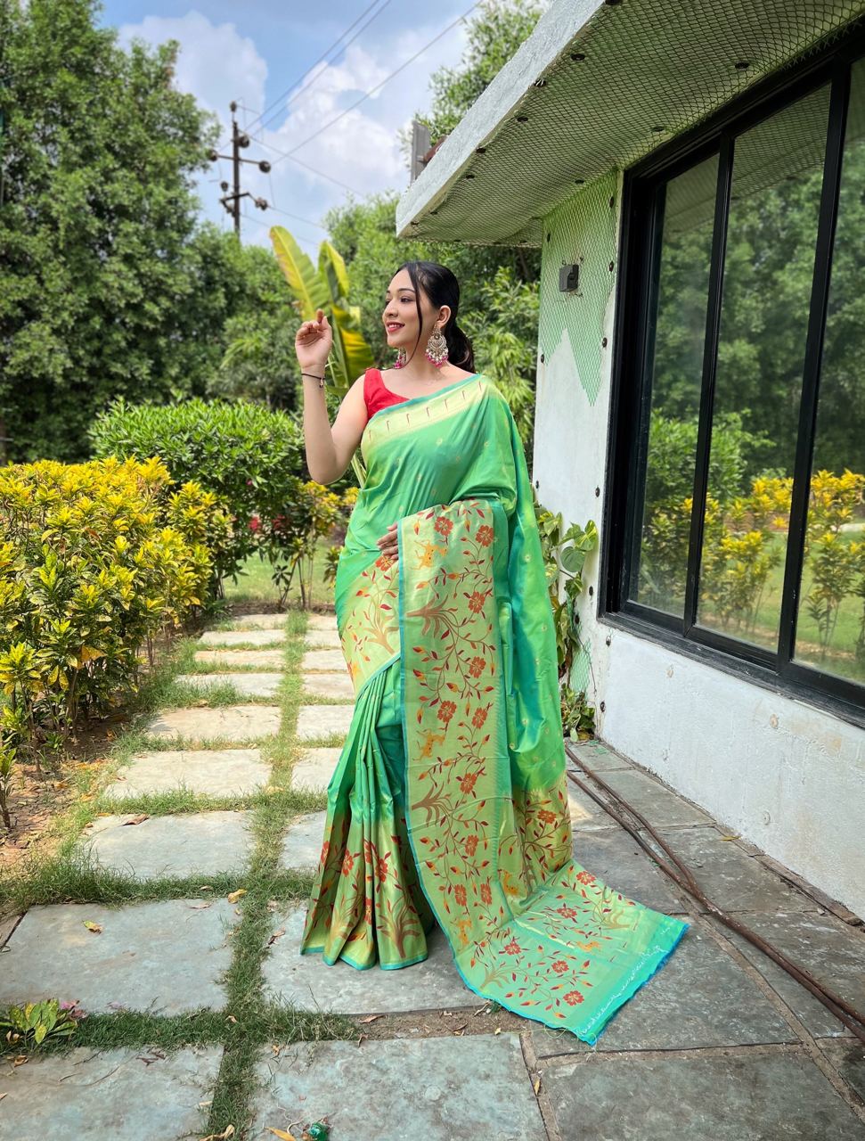 Paithani Silk Traditional Border Aqua Green Color Saree