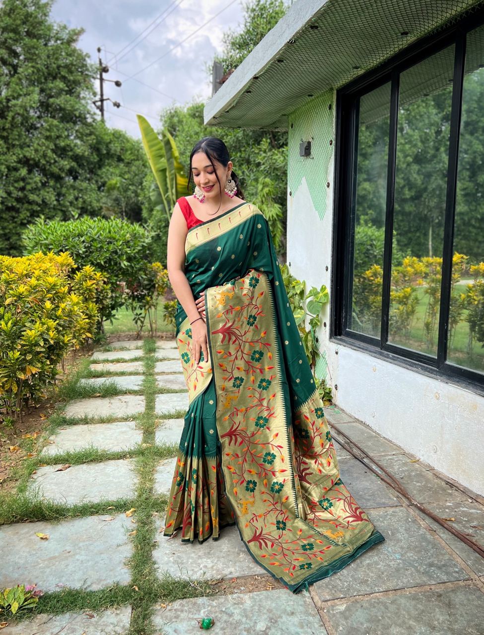 Paithani Silk Traditional Border Green Color Saree