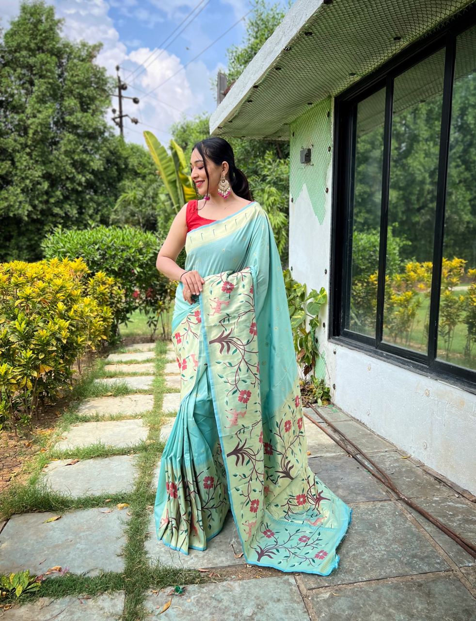 Paithani Silk Traditional Border Light Blue Color Saree