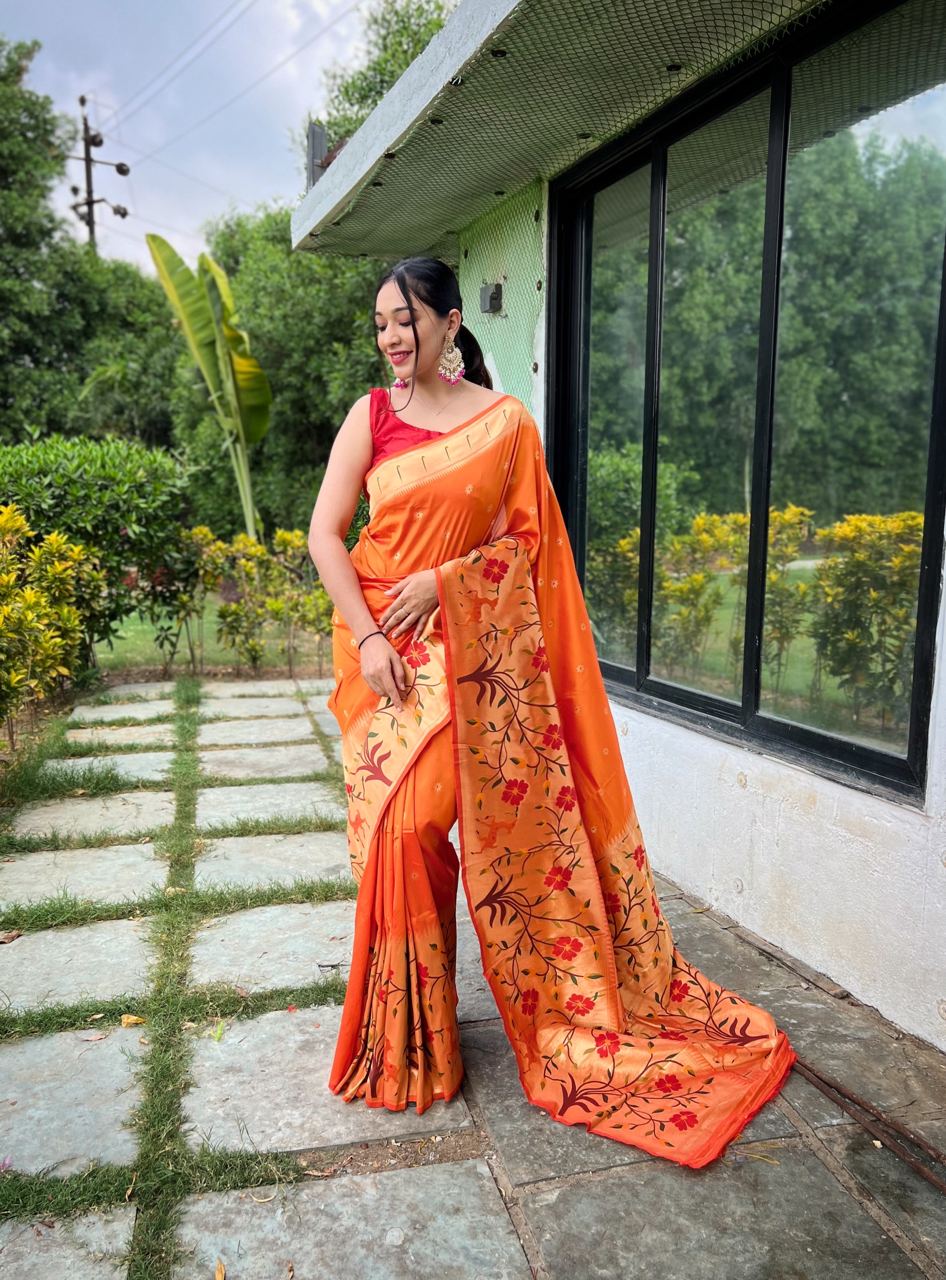 Paithani Silk Traditional Border Orange Color Saree