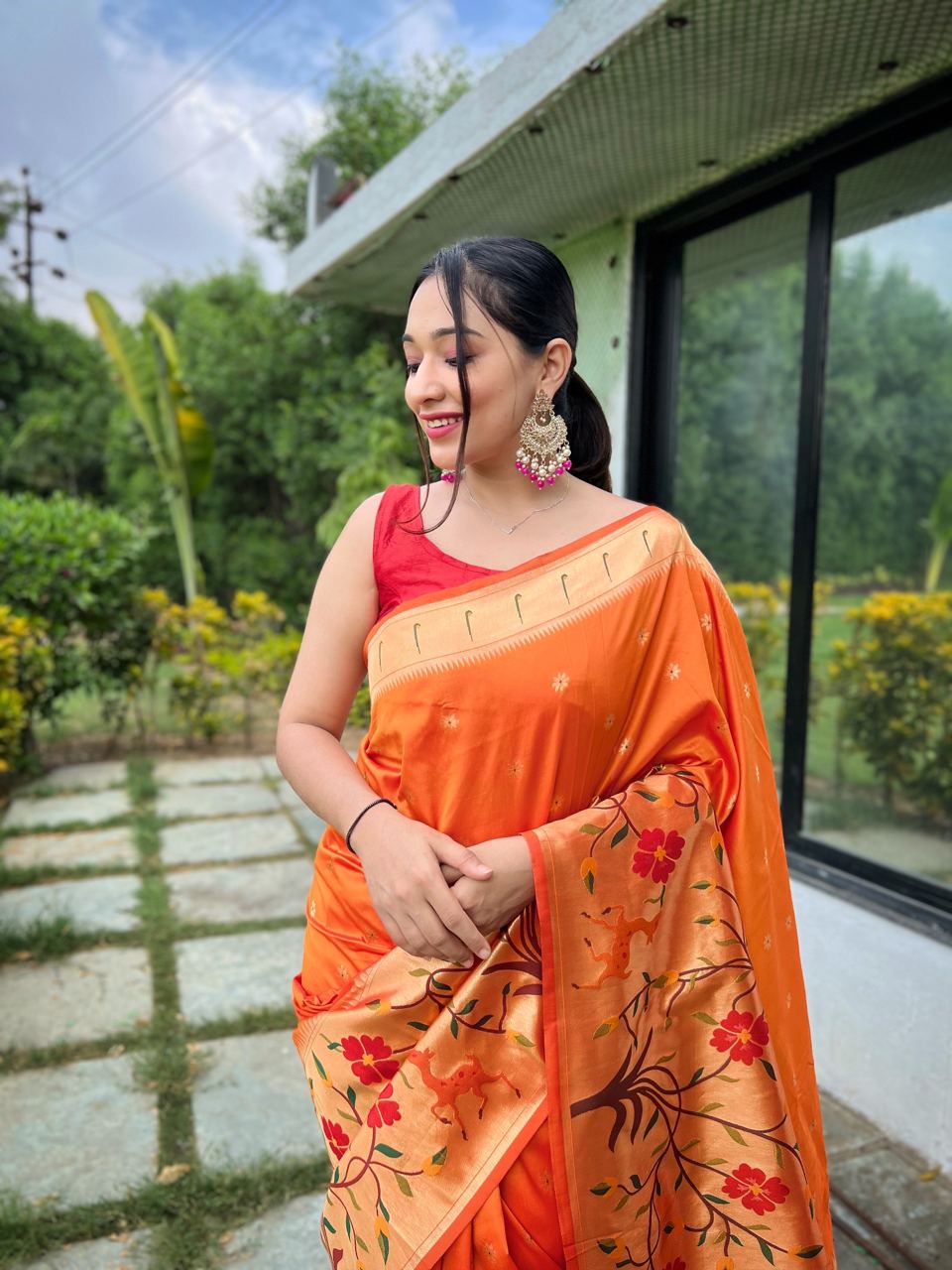 Paithani Silk Traditional Border Orange Color Saree